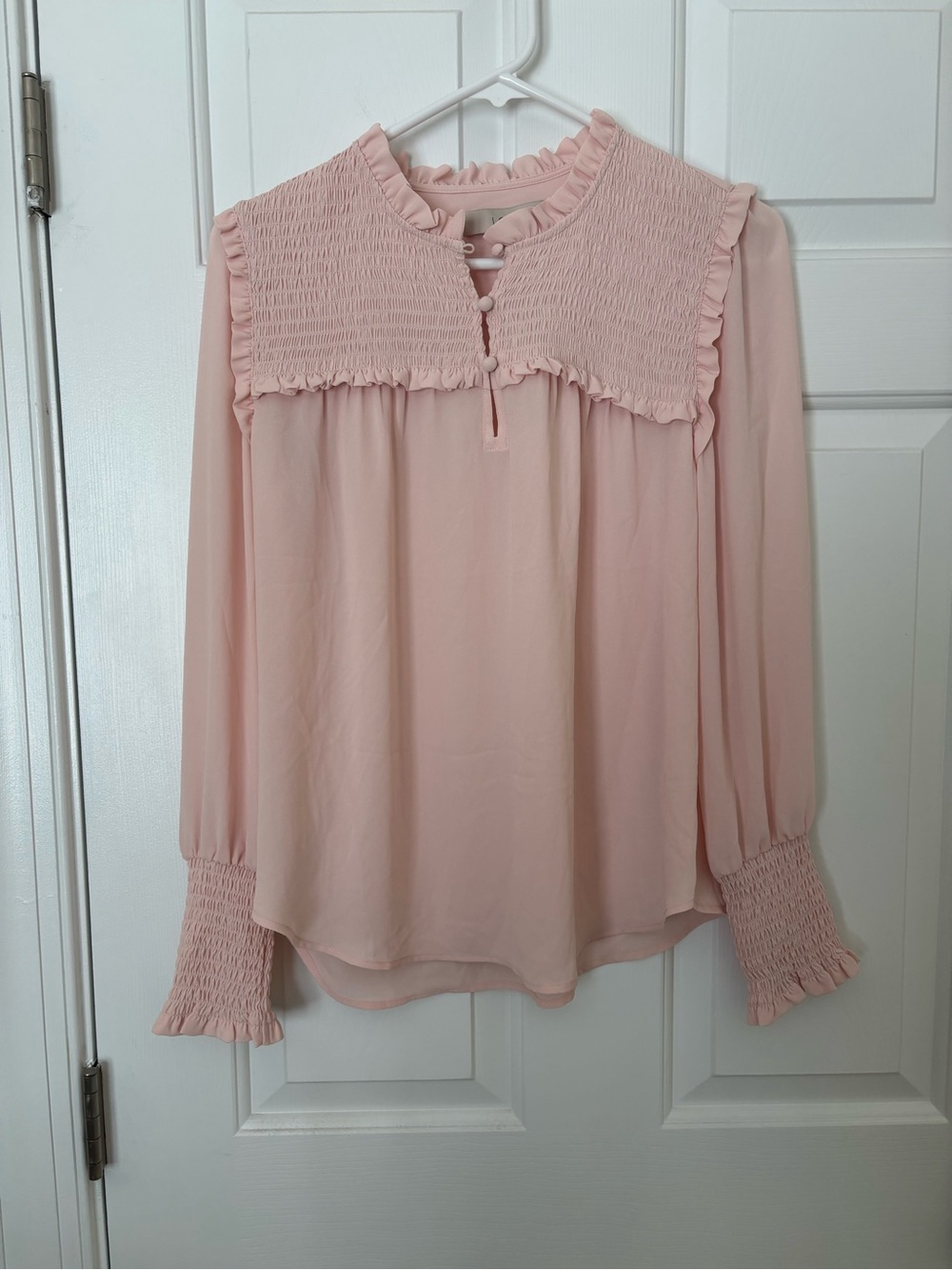 LOFT Pale Pink Smocked Yoke Long-Sleeve Blouse XS NWT